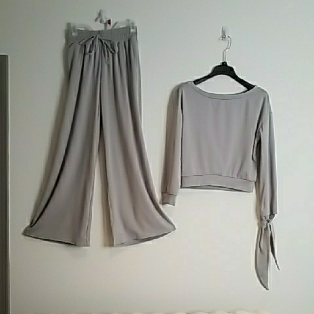 2 pc Casual Gray Women's Off the Shoulder Pants Set